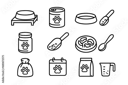 Senior Pet Feeding Icons. Outline icon set of senior pet feeding: raised bowl, soft food can, water dish,