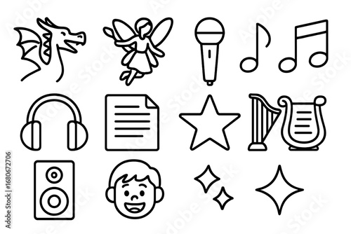 Fantasy Music Icon Set. Outline icon set of fantasy animation songs: dragon, fairy, microphone, music note,