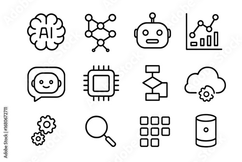 AI Icon Set. Outline icon set of artificial intelligence: AI brain, neural network, robot face, machine