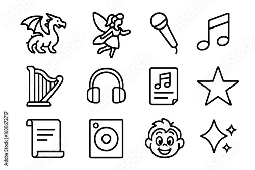 Fantasy Music Icon Set. Outline icon set of fantasy animation songs: dragon, fairy, microphone, music note,