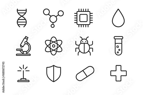 Nanotechnology Icon Set. Outline icon set of nanotechnology: DNA strand, molecule, nanochip, drop, microscope,