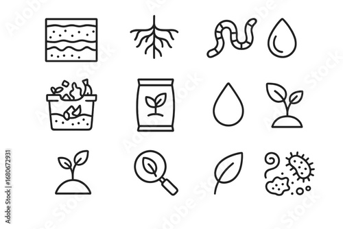 Soil Health Icons. Outline icon set of soil health: soil layers, roots, worms, compost, fertilizer bag, water