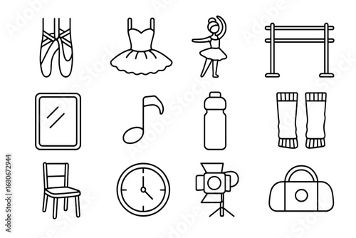 Ballet Icon Set. Outline icon set of ballet practice: pointe shoes, tutu, dancer, barre, mirror, music note,