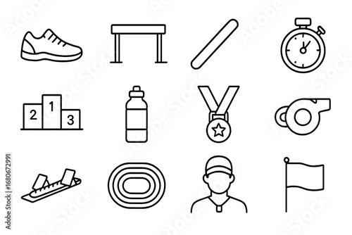 School Athletics Icons. Outline icon set of school athletics: running shoes, hurdles, baton, stopwatch, podium
