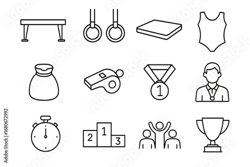 School Gymnastics Icons. Outline icon set of school gymnastics: balance beam, rings, mat, leotard, chalk bag,