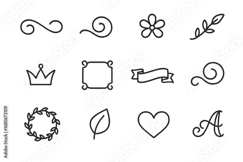 Ornamental Typography Icons. Outline icon set of ornamental typography: flourish, swirl, flower, vine, crown,