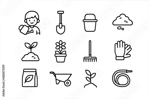 Kids Gardening Icons. Outline icon set of kids gardening: child with watering can, shovel, bucket, soil,