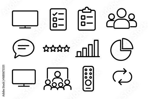 Audience Testing Icons. Outline icon set of audience testing: TV screen, questionnaire, clipboard, group icon,