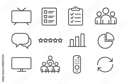 Audience Testing Icons. Outline icon set of audience testing: TV screen, questionnaire, clipboard, group icon,