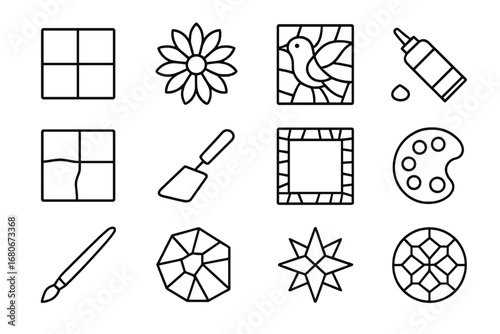Mosaic Art Icons. Outline icon set of mosaic art: tile, flower pattern, bird design, adhesive, grout lines,