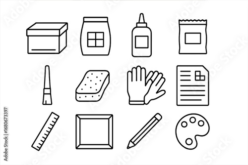 DIY Mosaic Kit Icons. Outline icon set of DIY mosaic kit: box, tile bag, adhesive bottle, grout pack, brush,