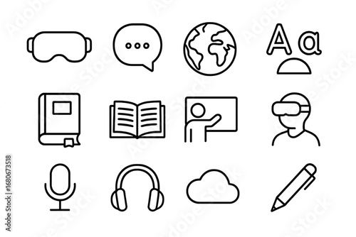 VR Language Learning Icons. Outline icon set of language learning in VR: VR headset, speech bubble, globe,