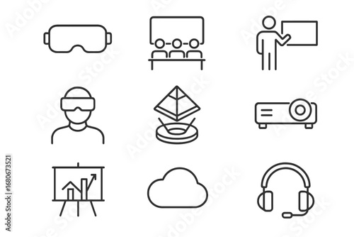 Immersive Learning Icons. Outline icon set of immersive learning: VR glasses, classroom, teacher, student,