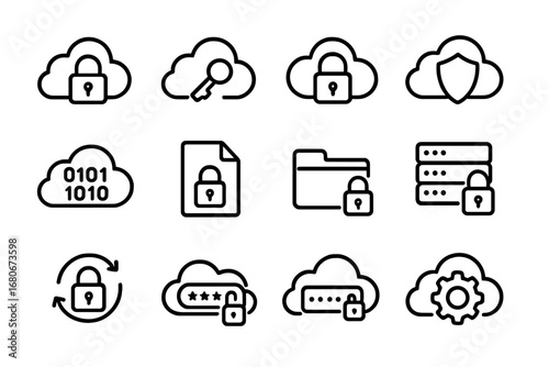 Cloud Security Icons. Outline icon set of cloud encryption: lock, key, padlock, cloud, shield, binary numbers,