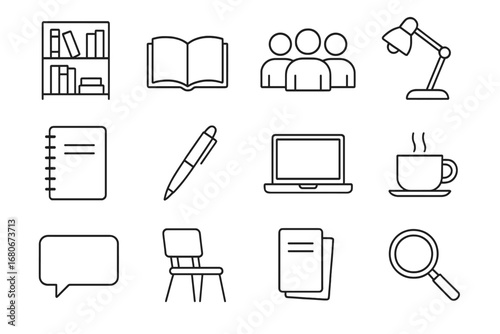 Library Study Icons. Outline icon set of library study sessions: bookshelf, open book, student group, lamp,