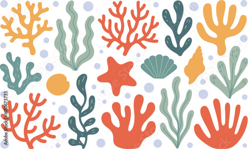 Illustrative Sea Life A Vibrant Vector Collection of Algae, Coral, Starfish, and Shells for Underwater and Beach-Inspired Designs