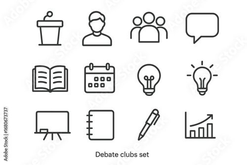 Debate Club Icons. Outline icon set of debate clubs: podium, student, group, speech bubble, open book,