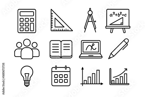 Math Study Icons. Outline icon set of math study groups: calculator, ruler, compass, chalkboard, math formula,