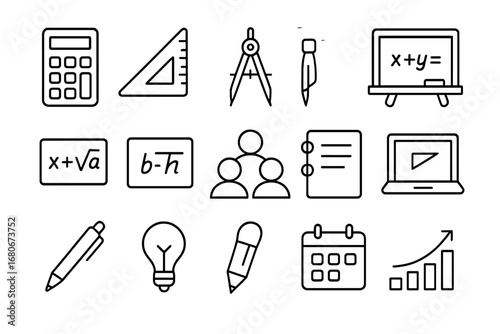 Math Study Icons. Outline icon set of math study groups: calculator, ruler, compass, chalkboard, math formula,