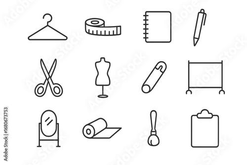 Fashion Stylist Toolkit. Outline icon set of fashion stylist tools: hanger, tape measure, notebook, pen,