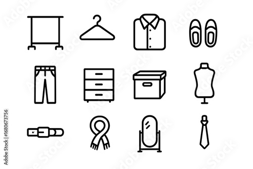 Stylish Closet Icons. Outline icon set of stylish closet: rack, hanger, folded shirt, shoes, pants, drawer,