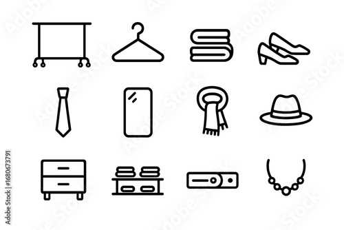 Boutique Closet Icons. Outline icon set of boutique closet: rack, hanger, folded clothing, shoes, tie, mirror,