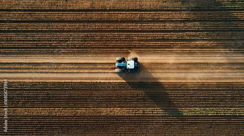 Aerial view of a tractor plowing a field, kicking up dust as it works the land.