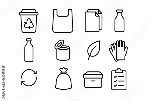 Waste Segregation Icons. Outline icon set of waste segregation: recycling bin, plastic icon, paper stack,