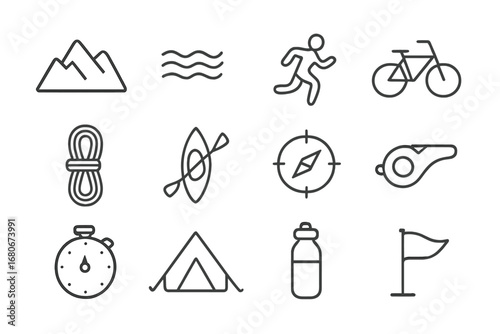 Adventure Race Icons. Outline icon set of adventure race: mountain, river, runner, bike, rope, kayak, compass,