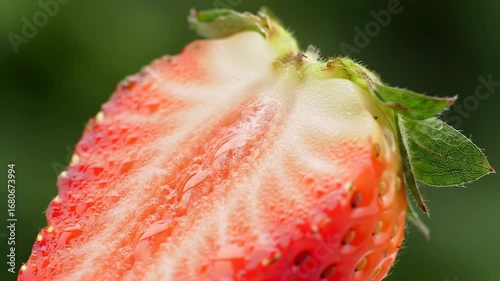 Close-up of a strawberry slice with water droplets