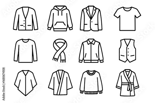 Layering Icon Set. Outline icon set of layering pieces: cardigan, hoodie, blazer, T-shirt, long-sleeve shirt,