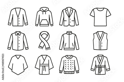 Layering Icon Set. Outline icon set of layering pieces: cardigan, hoodie, blazer, T-shirt, long-sleeve shirt,