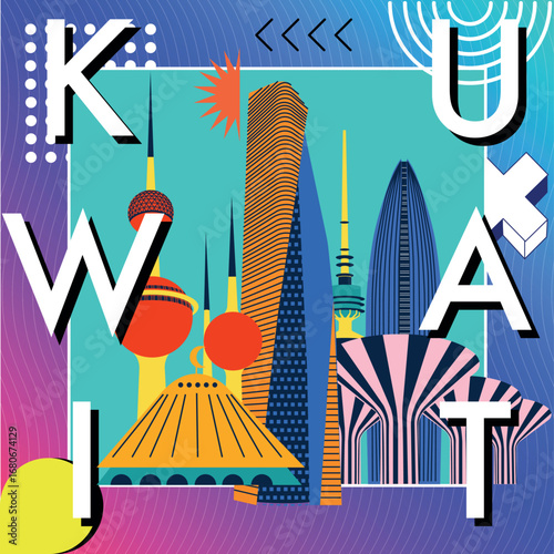 Kuwait culture travel set, famous architectures, specialties in flat design. Memphis business travel and tourism concept clipart. Image for presentation, banner, website, advert, flyer, roadmap, icons
