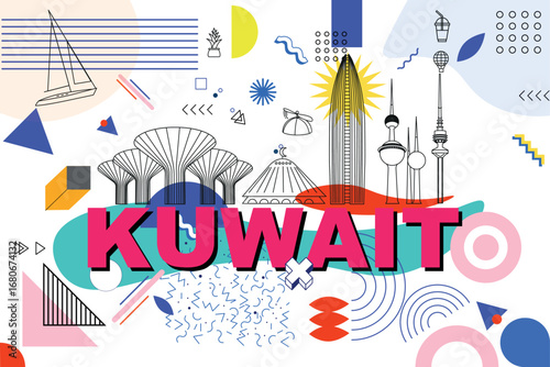 Kuwait culture travel set, famous architectures, specialties in flat design. Memphis business travel and tourism concept clipart. Image for presentation, banner, website, advert, flyer, roadmap, icons