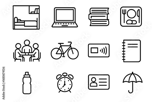 Student Essentials Icons. Outline icon set of international student life: dorm room, laptop, textbooks,