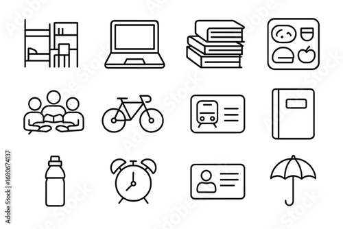 Student Essentials Icons. Outline icon set of international student life: dorm room, laptop, textbooks,