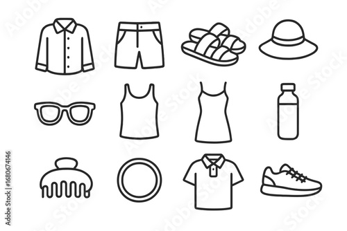 Summer Fashion Icons. Outline icon set of summer remote work fashion: linen shirt, shorts, sandals, sun hat,