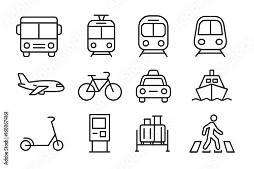 Student Transport Icons. Outline icon set of student transport abroad: bus, tram, metro, train, airplane,