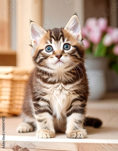 A charming kitten with striking stripes and curious eyes sits attentively on a light wooden surface, its expression captivating.