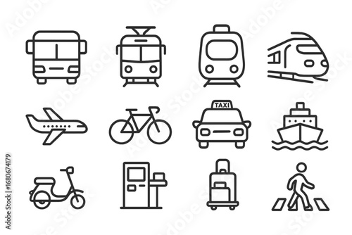 Student Transport Icons. Outline icon set of student transport abroad: bus, tram, metro, train, airplane,