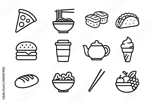 Global Cuisine Icons. Outline icon set of food experiences abroad: pizza, noodles, sushi, taco, burger, coffee