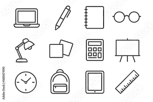 Study Tools Icons. Outline icon set of study tools abroad: laptop, pen, notebook, glasses, desk lamp, sticky