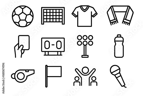 Football Icon Grid. Outline icon set of football match entertainment: football, goalpost, team jersey, fan