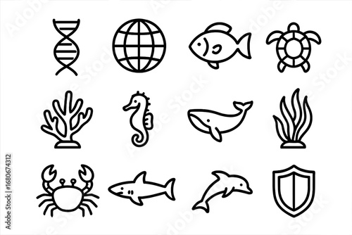 Marine Protection Icons. Outline icon set of protecting marine biodiversity: DNA, globe, fish, turtle, coral,