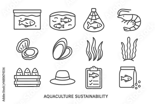 Aquaculture Icon Set. Outline icon set of aquaculture sustainability: fish tank, pond, net, shrimp, oyster,