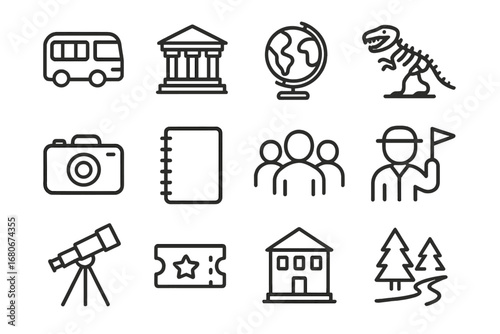 Field Trip Icon Set. Outline icon set of field trips: bus, museum, globe, dinosaur skeleton, camera, notebook,
