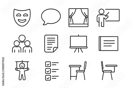 Role-Playing Education Icons. Outline icon set of role-playing education: mask, speech bubble, stage, teacher,