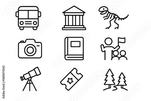 Field Trip Icon Set. Outline icon set of field trips: bus, museum, globe, dinosaur skeleton, camera, notebook,