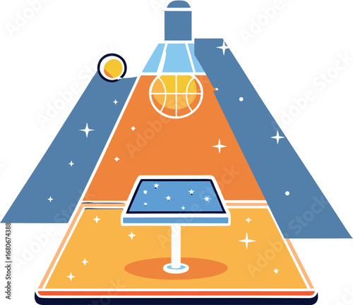 Illuminated Basketball Court With Glowing Stars And Planets On A Colorful Stage
