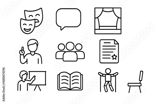 Role-Playing Education Icons. Outline icon set of role-playing education: mask, speech bubble, stage, teacher,